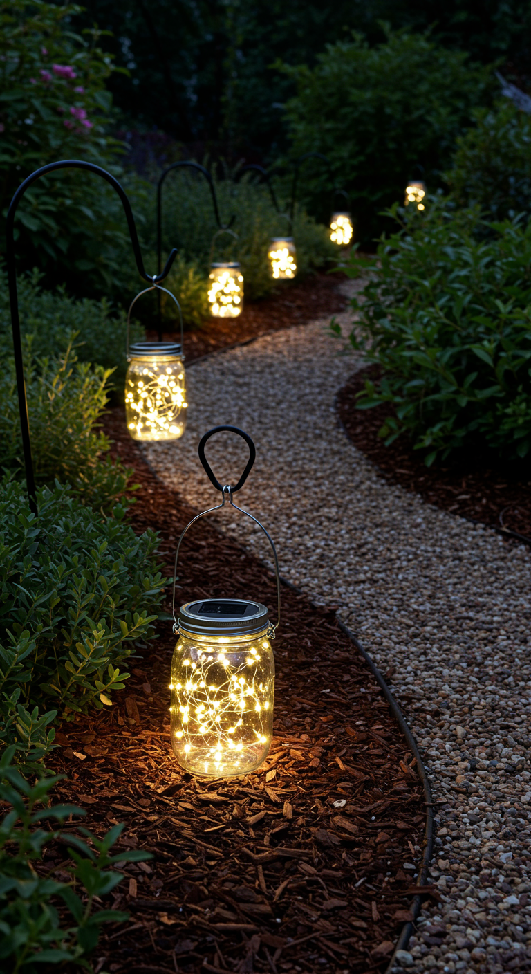 Gartenweg bei Nacht, gesäumt von hängenden Einmachgläsern mit Lichterketten.