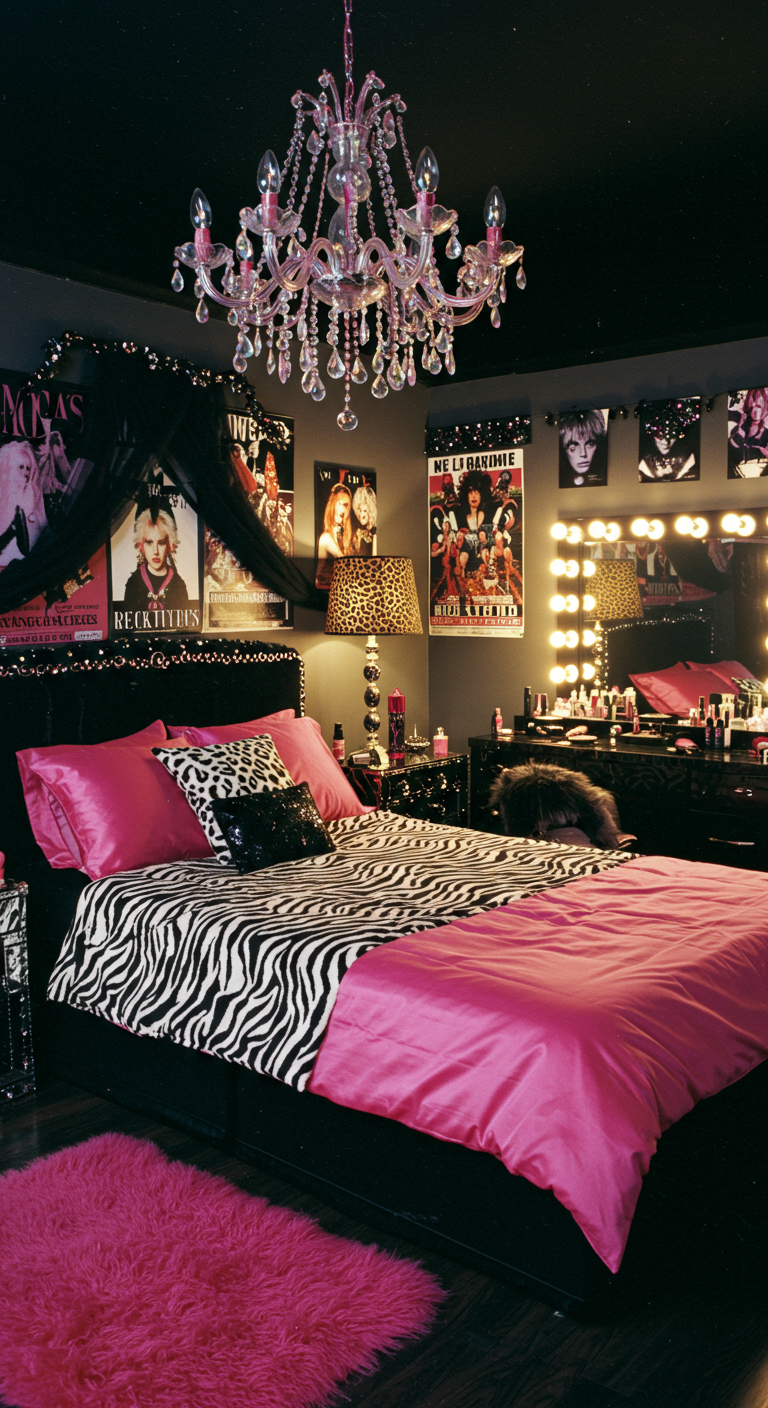 Schlafzimmer im Glam-Rock-Stil mit pinker Bettwäsche, Zebramuster und Kronleuchter.