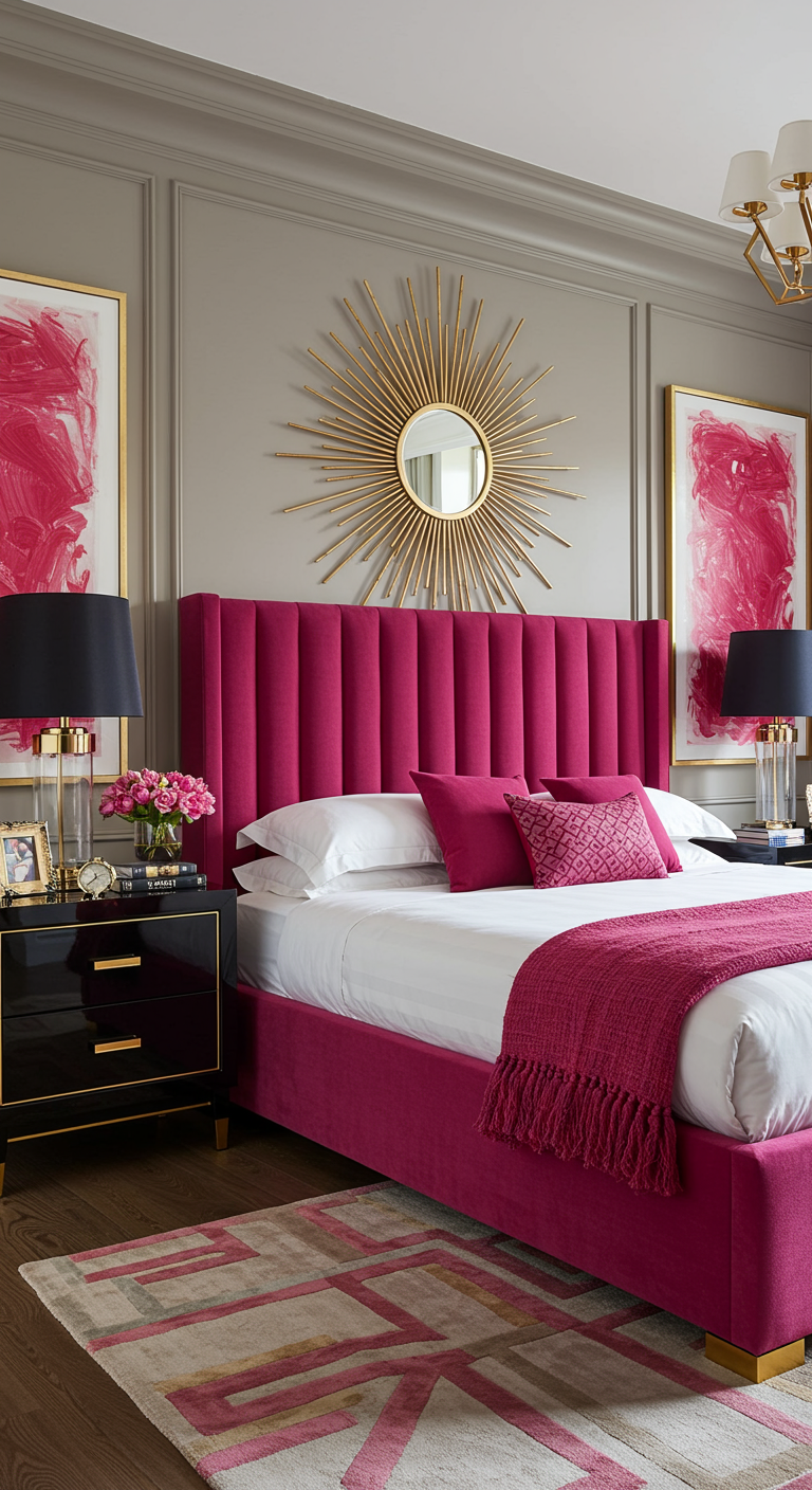 Glamouröses Schlafzimmer mit fuchsiafarbenem Samtbett und goldenem Spiegel.