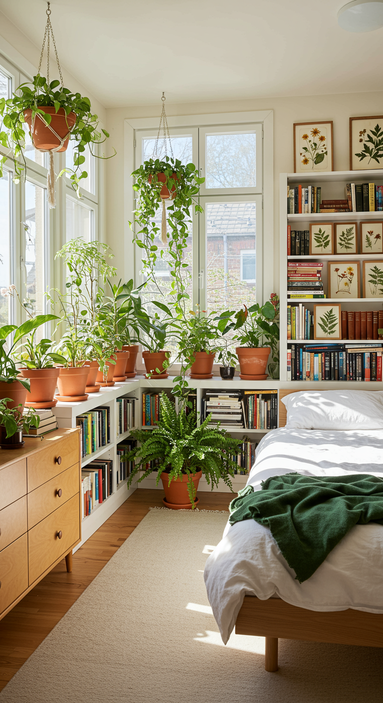 Helles Schlafzimmer voller Zimmerpflanzen, mit weißen Bücherregalen und Holzbett.