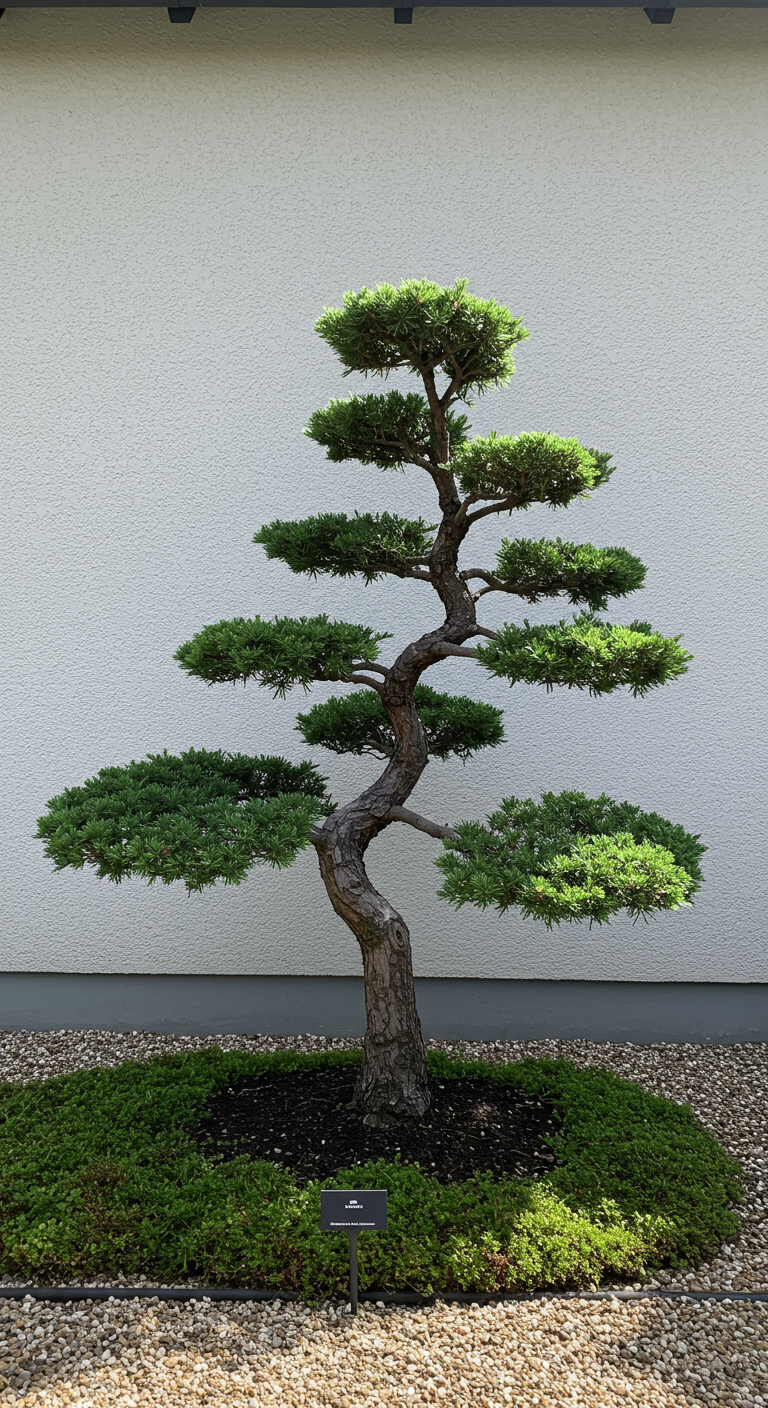Kunstvoll geformter kleiner Nadelbaum (Niwaki) auf einer Kiesfläche mit Bodendecker.