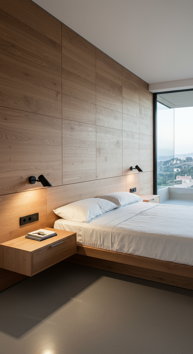Schlafzimmer mit Holzwand, schwebenden Nachttischen und großer Fensterfront.