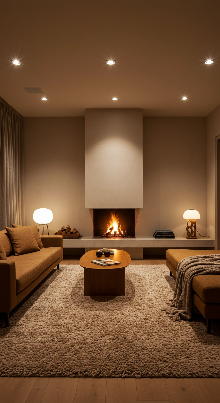 Japandi-Wohnzimmer mit modernem Kamin, senfgelbem Sofa und flauschigem Teppich.
