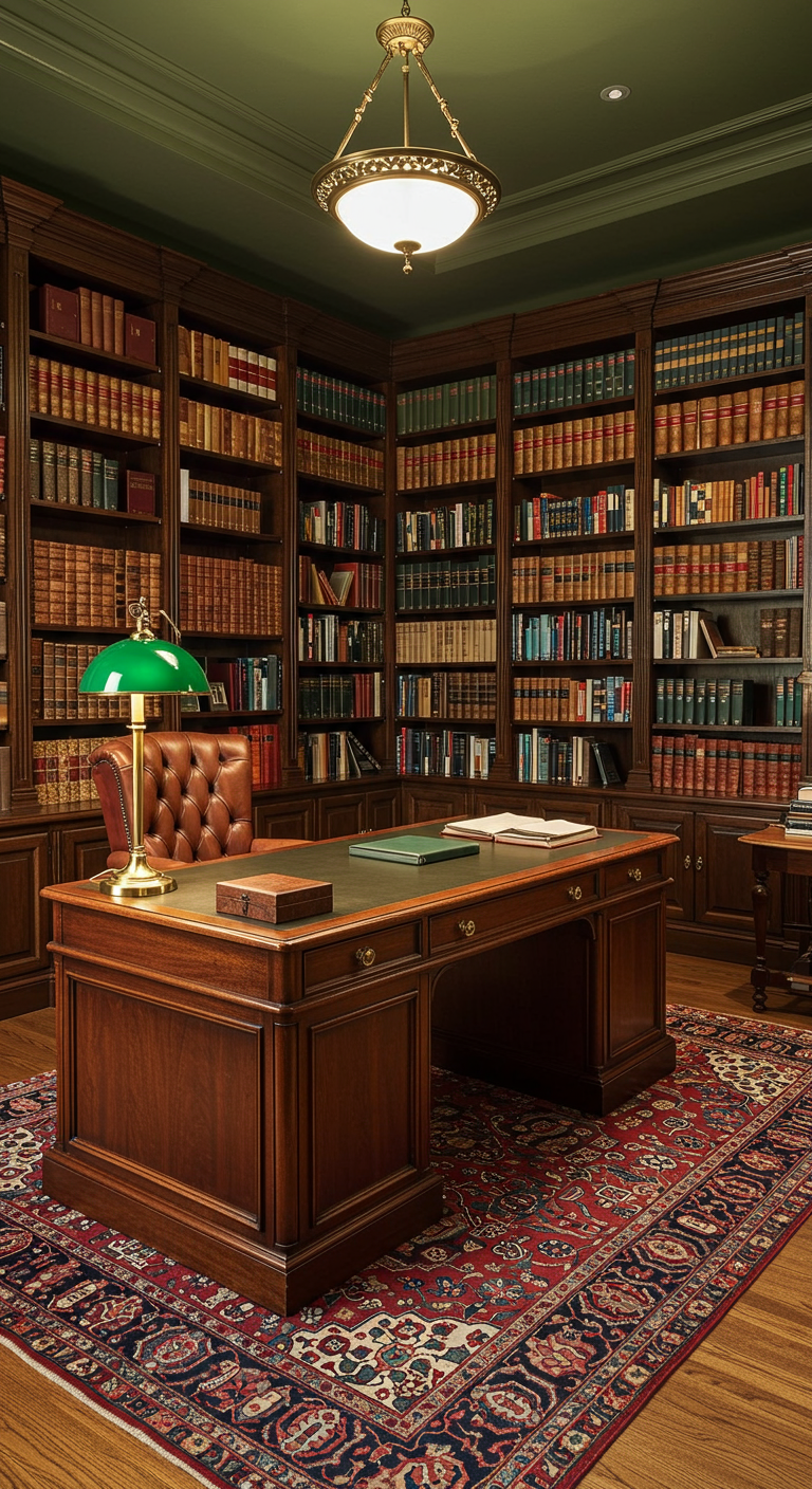 Traditionelles Home-Office als Bibliothek mit deckenhohen Bücherregalen und Ledersessel.