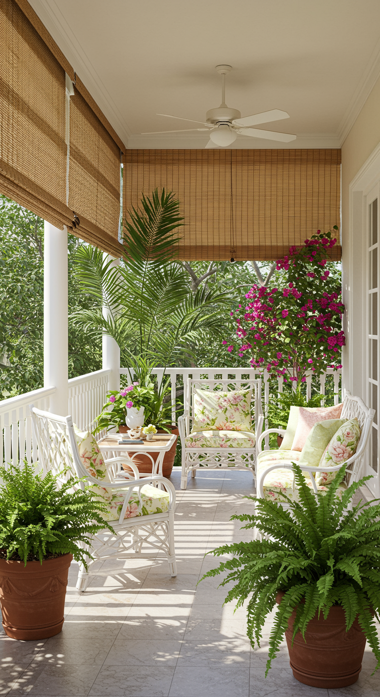 Balkon im Kolonialstil mit weißen Rattanmöbeln, Bambusrollos und blühenden Pflanzen.