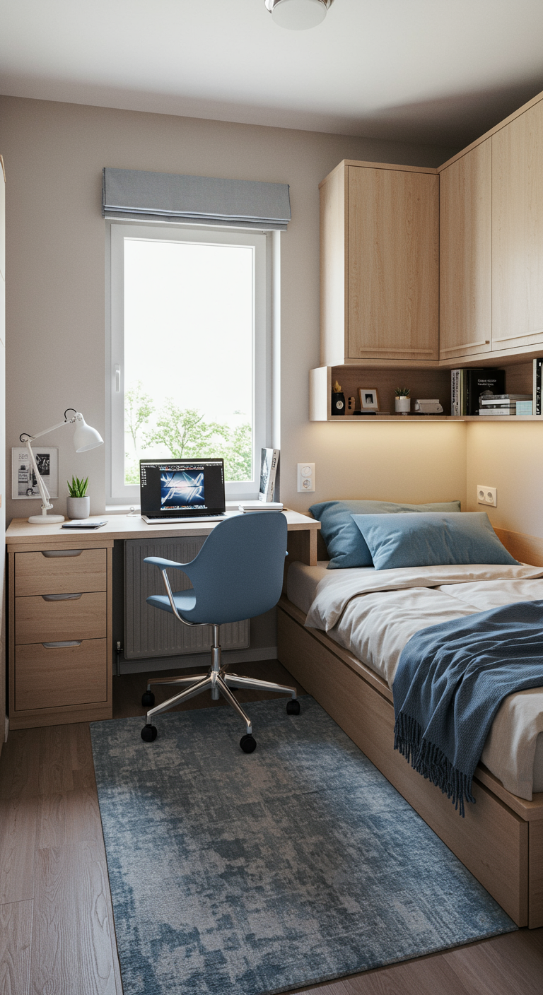 Kleines skandinavisches Schlafzimmer mit integriertem Schreibtisch am Fenster.