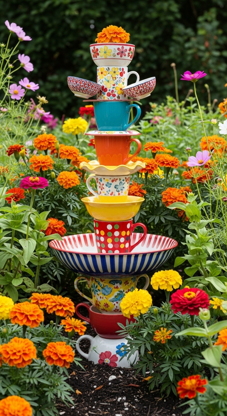 Turm aus bunt gemusterten Tassen und Schalen als Vogelbad in einem Blumenbeet.