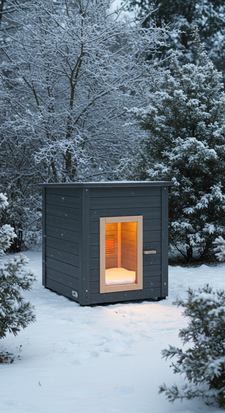 Graue, beheizte Holzhütte mit warmer Innenbeleuchtung im verschneiten Winterwald.