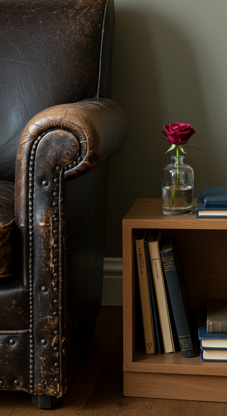Abgewetzter Ledersessel neben niedrigem Regal mit Büchern und einer Rose.