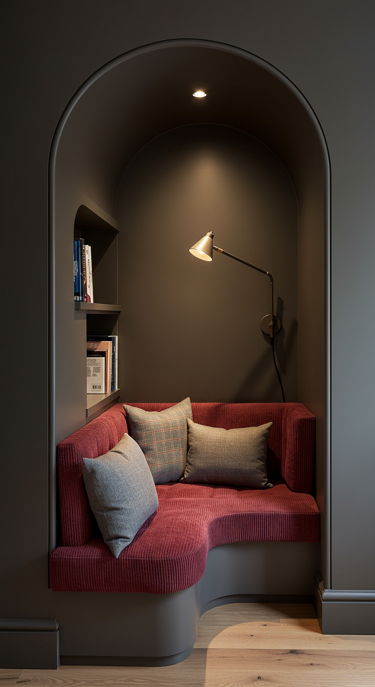 Gemütliche Leseecke in einer Bogennische mit geschwungenem Cord-Sofa.