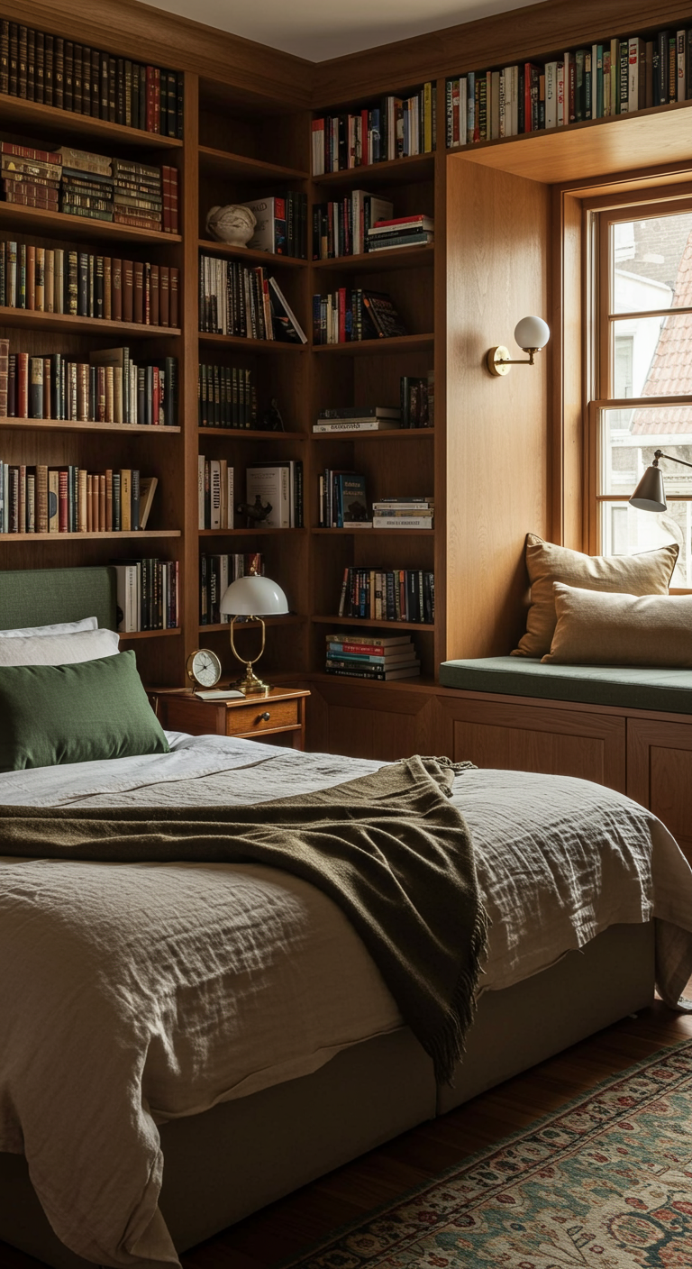 Schlafzimmer mit großer Bücherwand aus Holz und gemütlicher Fensternische.