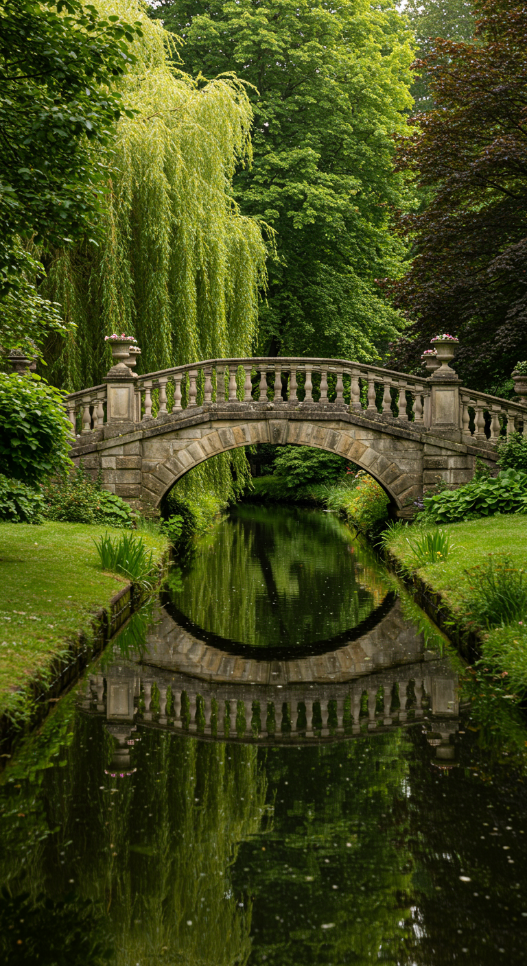 Elegante Steinbrücke mit Balustrade spiegelt sich in einem ruhigen Kanal
