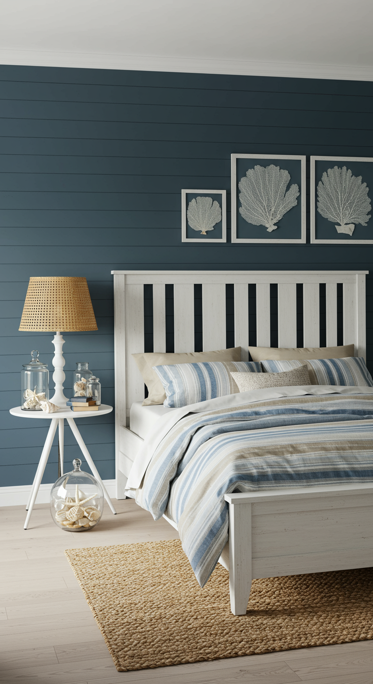 Maritimes Schlafzimmer mit dunkelblauer Shiplap-Wand und weißen Holzmöbeln.