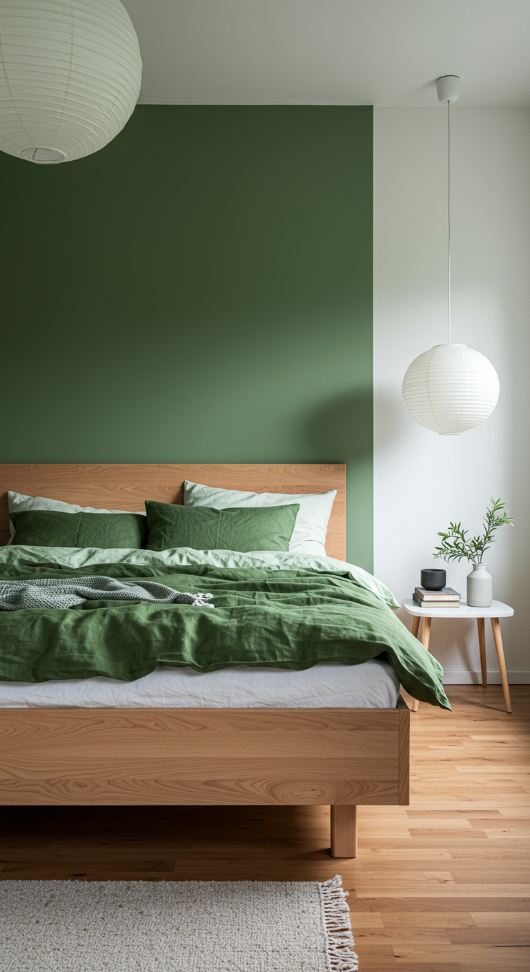 Schlafzimmer mit olivgrüner Akzentwand und Holzbett.