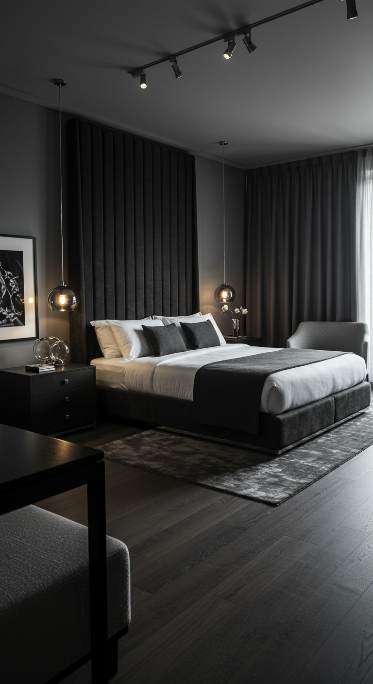 Modernes, dunkles Schlafzimmer mit anthrazitfarbenen Wänden und hohem Polsterkopfteil.