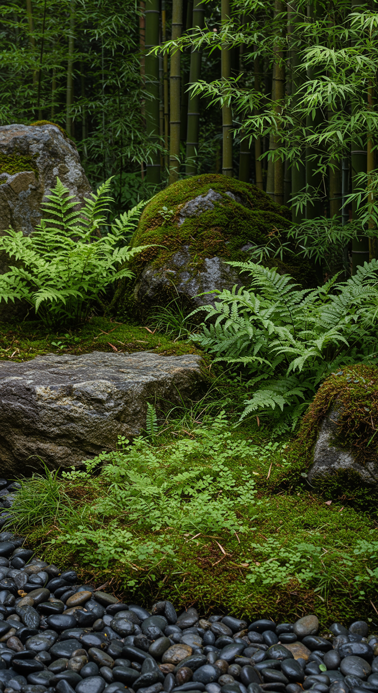 Detailaufnahme eines Gartenbereichs mit Moos, Felsen, Farnen und dunklen Kieseln.