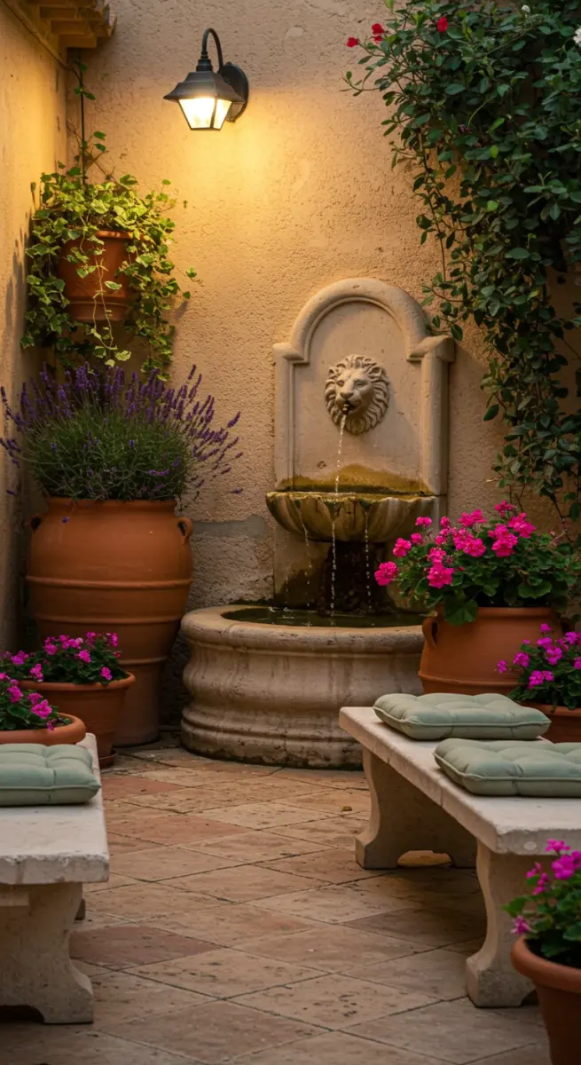 Mediterraner Innenhof mit Steinbrunnen, Steinbänken und blühendem Lavendel.