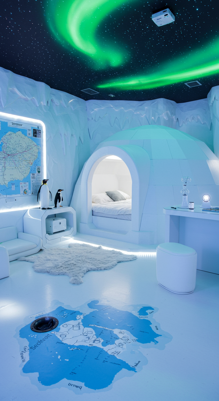 Modernes Kinderzimmer im Arktis-Look mit Iglu-Bett und Nordlicht-Projektion.