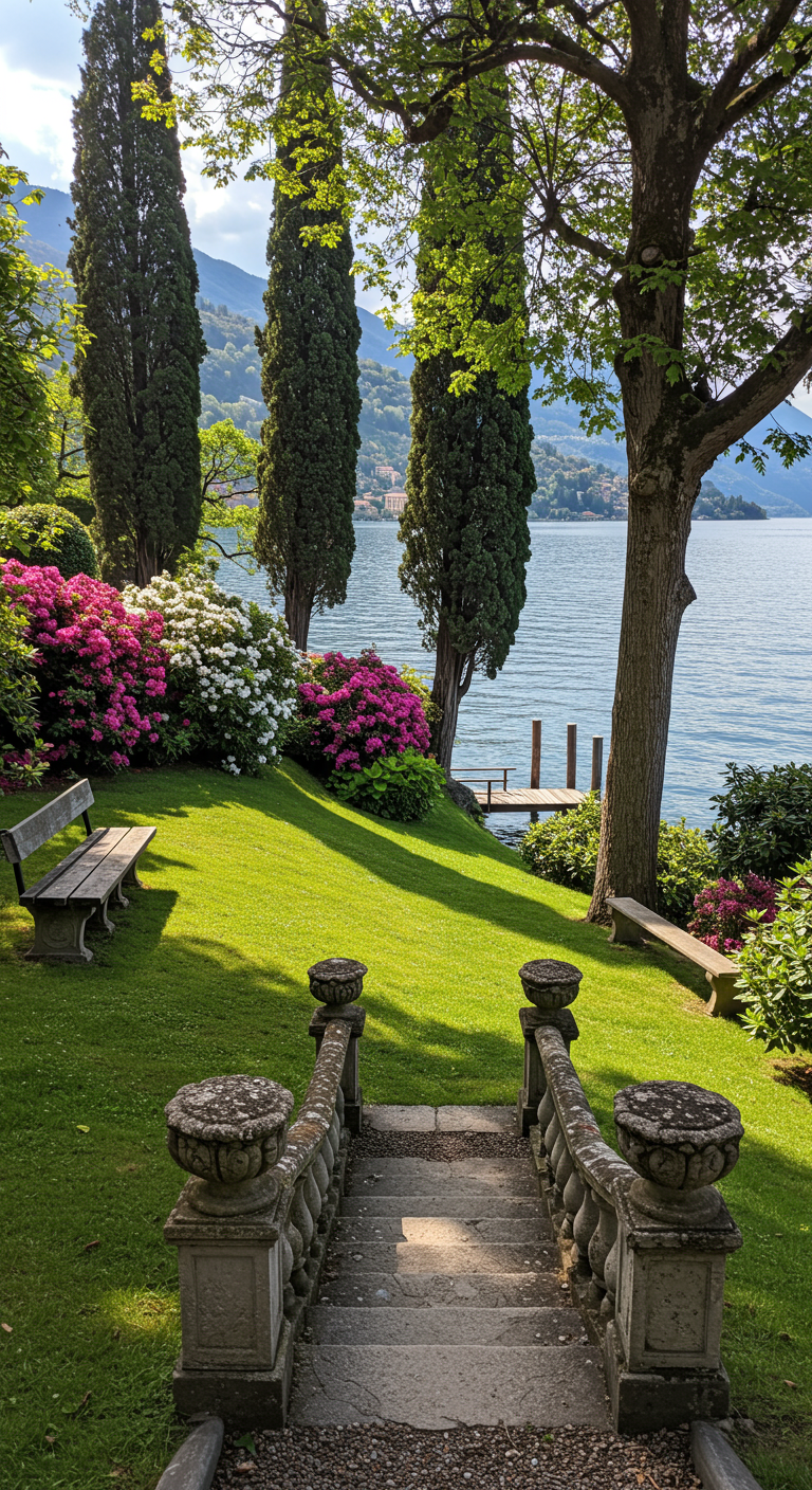 Garten mit Seeblick, Zypressen, blühenden Büschen und Steintreppe.
