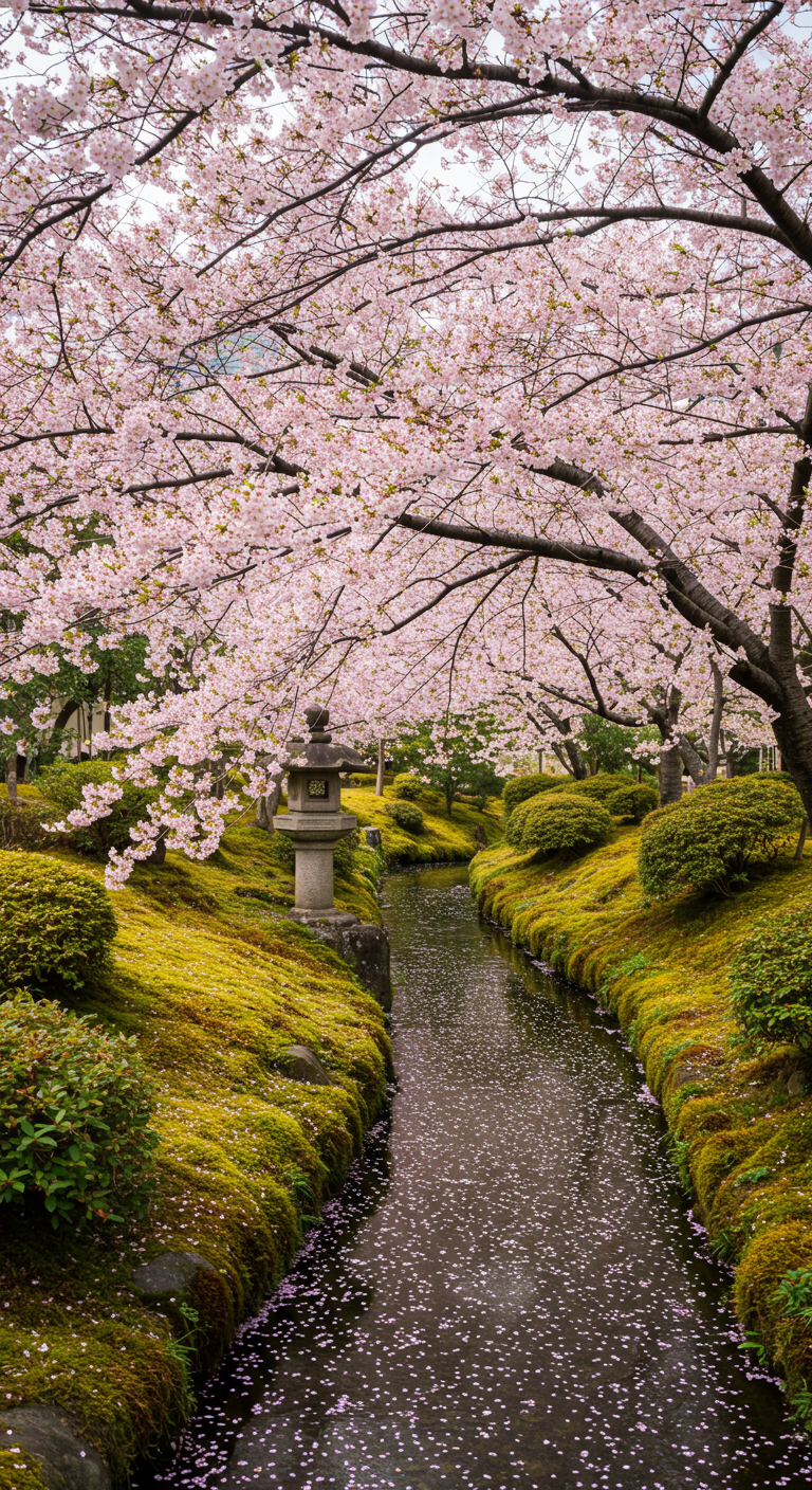Japanischer Garten im Frühling mit blühenden Kirschbäumen über einem Kanal.