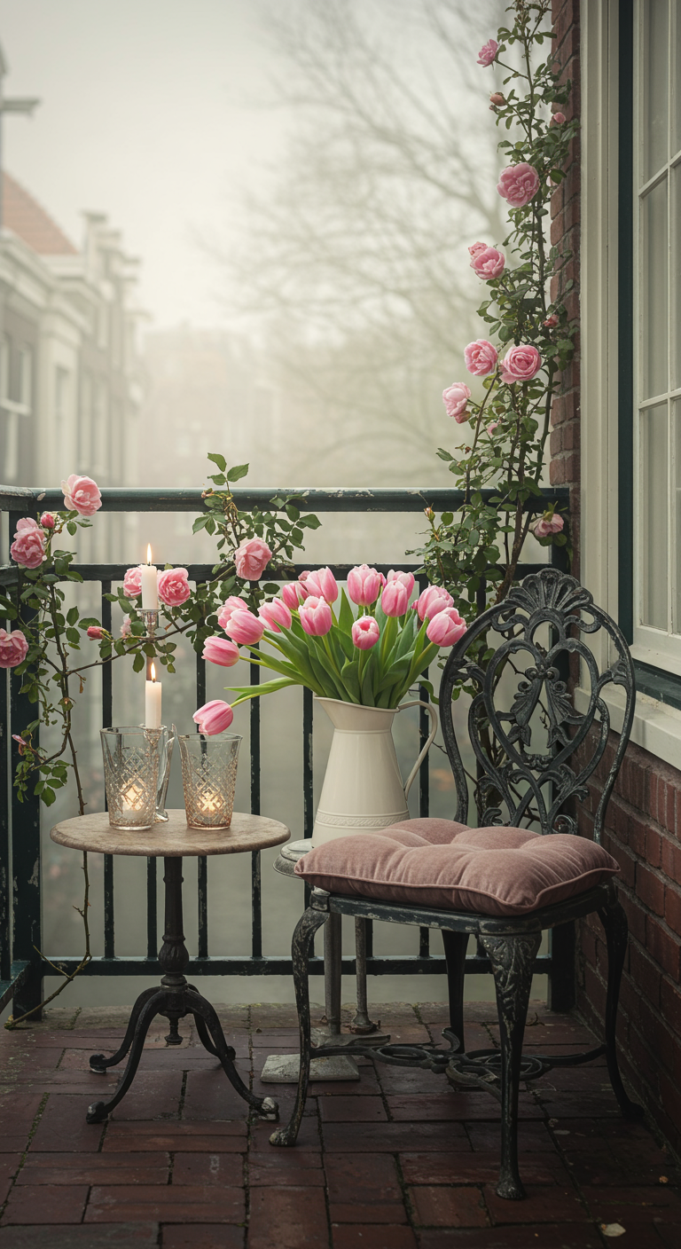 Balkon mit schwarzem Metallstuhl, Tisch mit pinken Tulpen und Kletterrosen im Nebel.