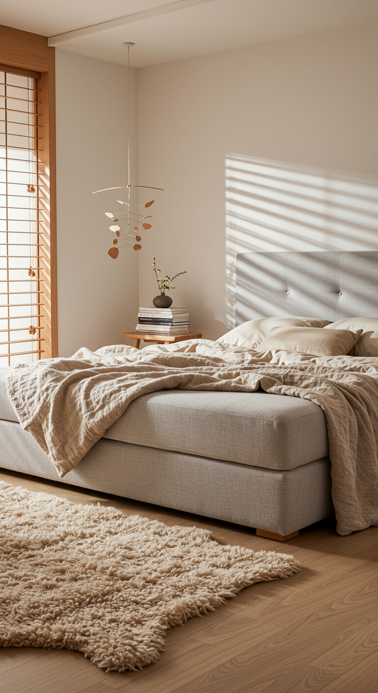 Helles Japandi-Schlafzimmer mit Boxspringbett, Leinen und Mobile.