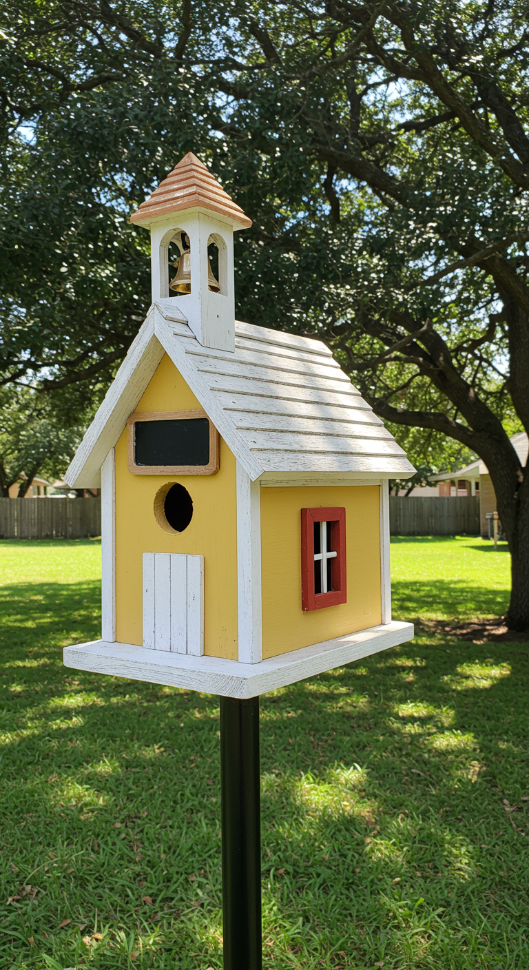 Gelbes Schulhaus-Vogelhaus mit Glockenturm und Tafel, steht im grünen Garten.