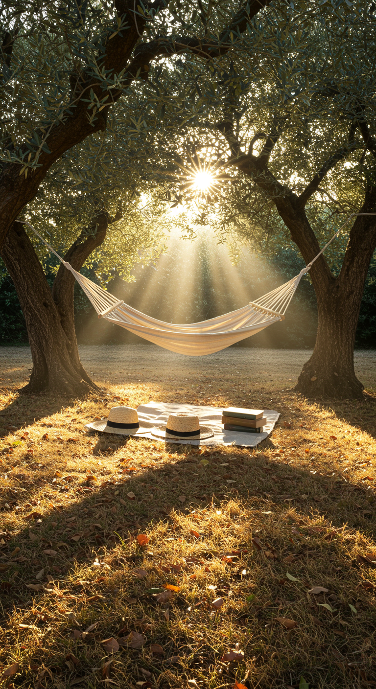 Hängematte zwischen zwei Olivenbäumen im Sonnenlicht, mit Strohhüten und Büchern auf Decke.