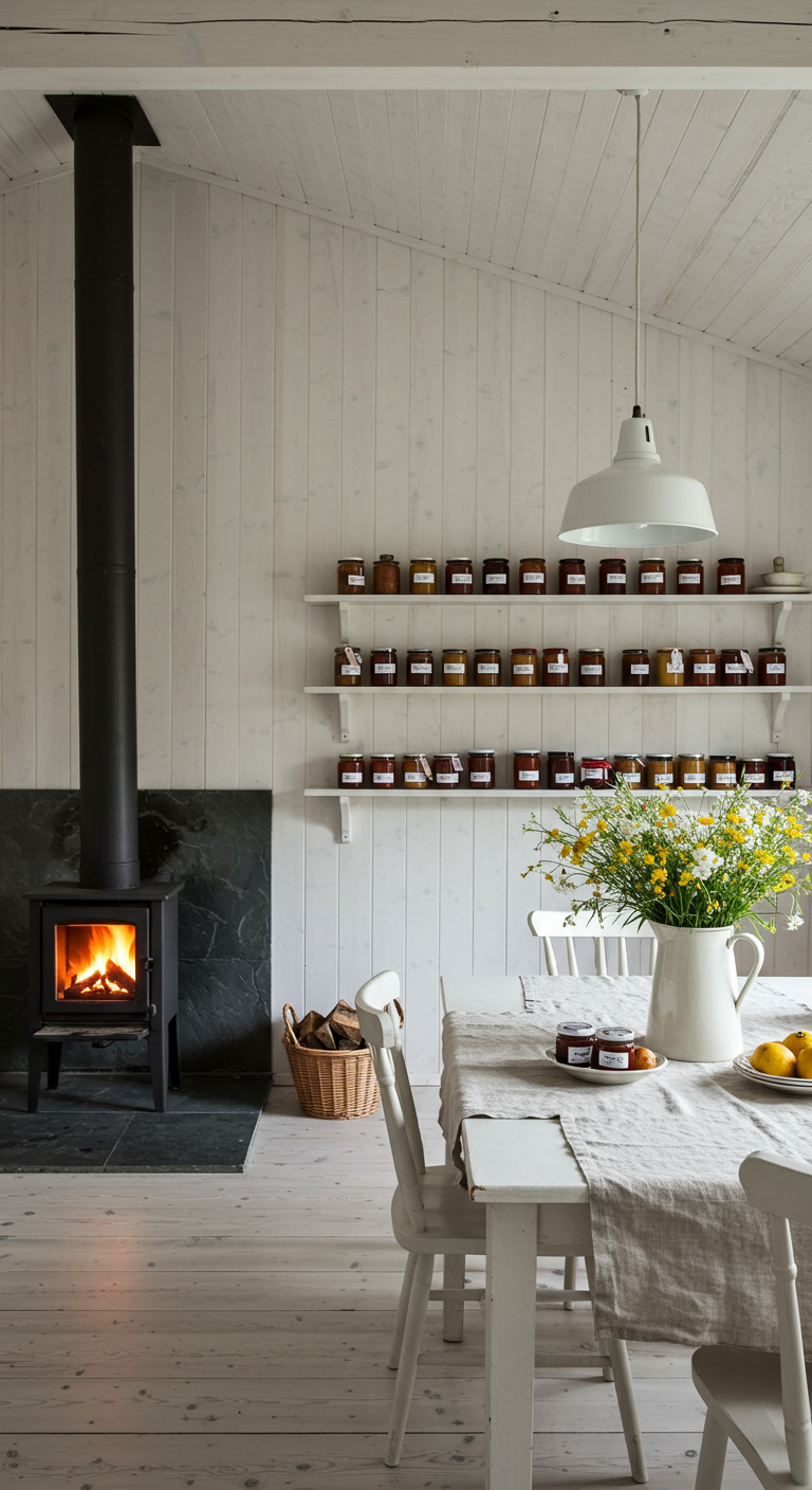 Helle skandinavische Landhausküche mit weißem Interieur und Holzofen.