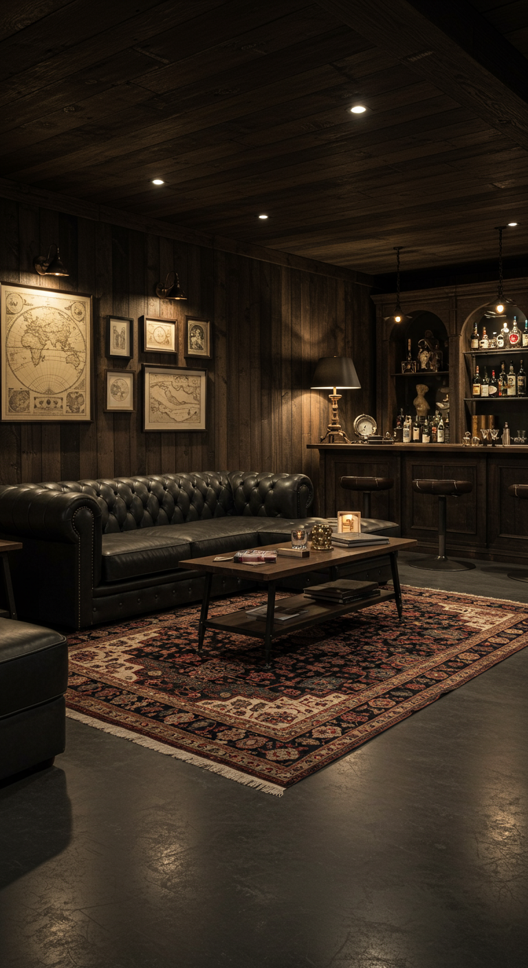 Dunkle Kellerbar im Speakeasy-Stil mit Ledersofa und Holzvertäfelung.