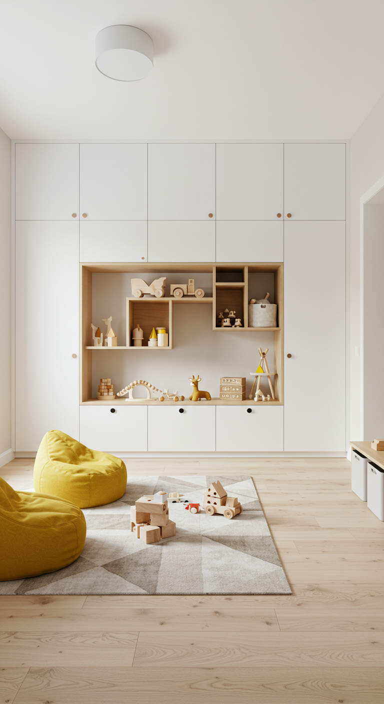 Kinderzimmer mit großer, weißer Einbauschrankwand mit offenen Holzfächern und gelben Sitzsäcken.