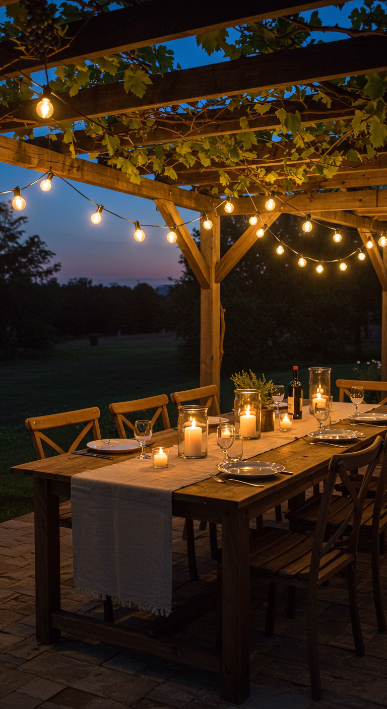 Abendliche Tafel unter einer Pergola mit Lichterketten und Kerzen in Gläsern.