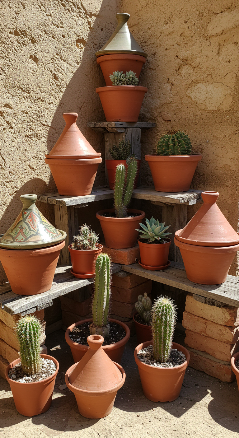 Arrangement aus Terrakotta-Töpfen, Tajine-Deckeln und Kakteen auf Holzbrettern.