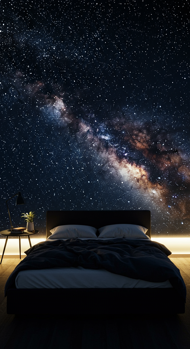 Schlafzimmer mit einer beeindruckenden Fototapete der Milchstraße über dem Bett.