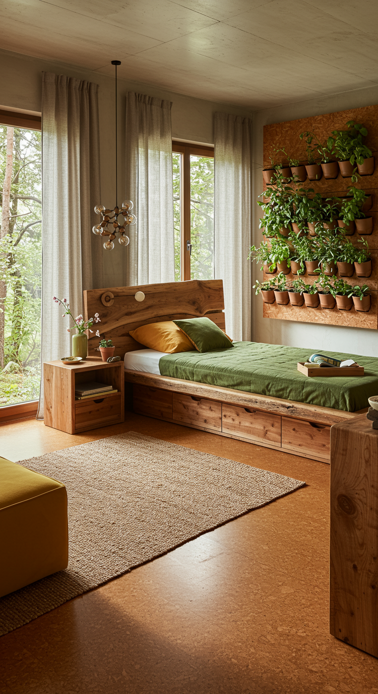 Schlafzimmer mit Holzbett, Korkboden und einer großen vertikalen Pflanzenwand.