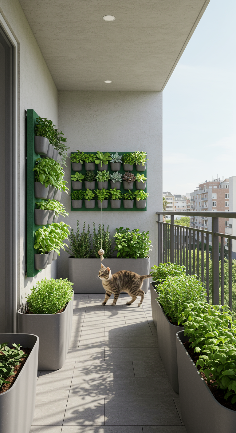 Katze auf modernem Balkon mit vertikalem Kräutergarten und großen Pflanzkübeln