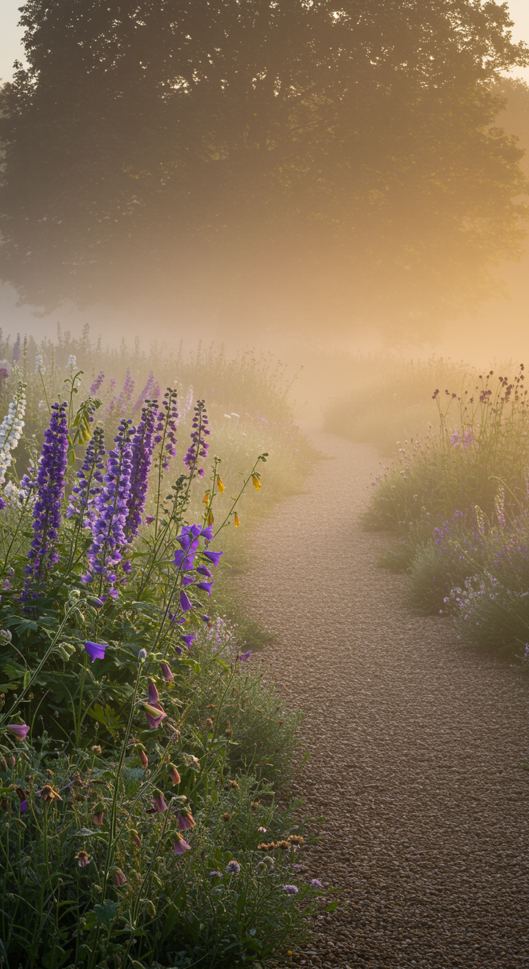 Kiesweg schlängelt sich durch blühende Stauden im dichten Morgennebel.