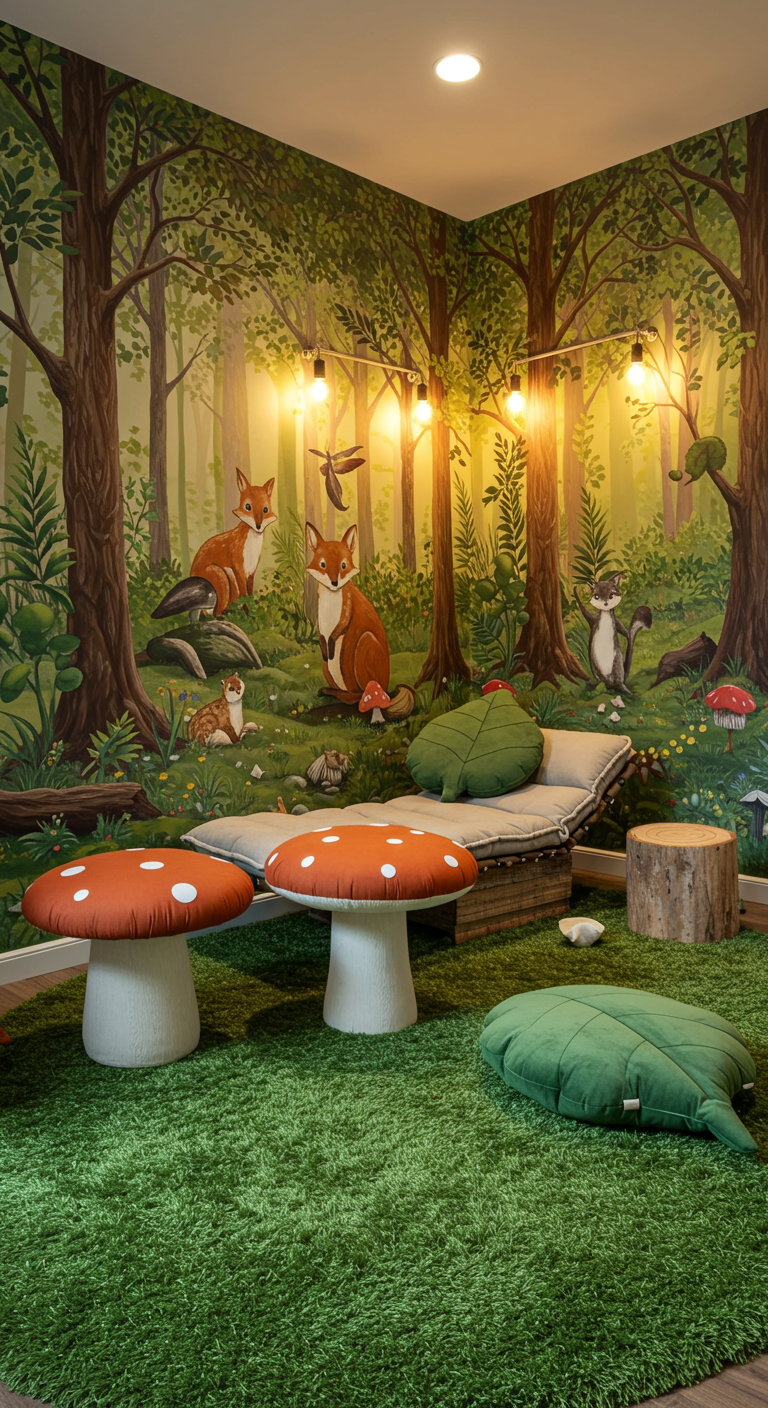 Spielecke mit Wald-Fototapete, Pilz-Hockern und grünen Blattkissen.