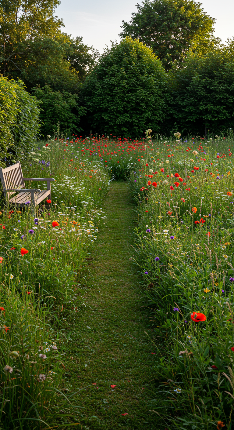 Eine Holzbank in einer bunten Wildblumenwiese mit schmalem Pfad.