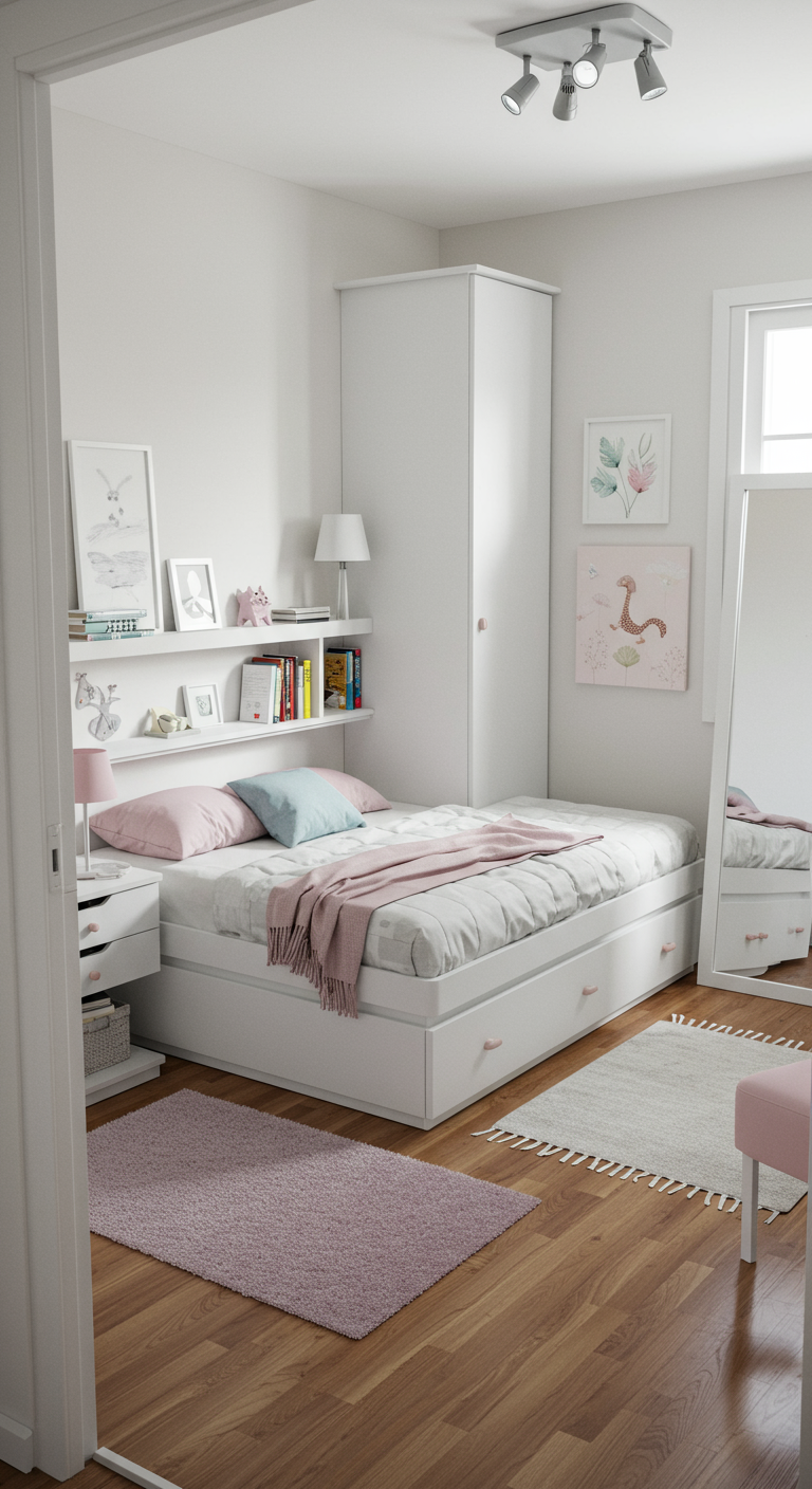 Helles Kinderzimmer in Weiß und Rosa mit Bett mit Schubladen und viel Stauraum.