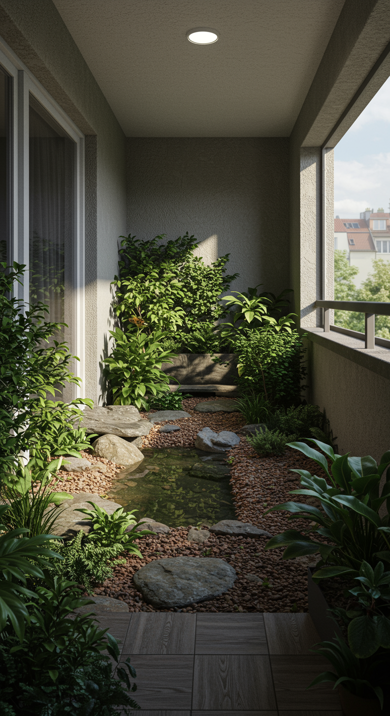 Japanisch inspirierter Balkon mit Teich, Kies, Steinen und Bambus für eine Zen-Atmosphäre.
