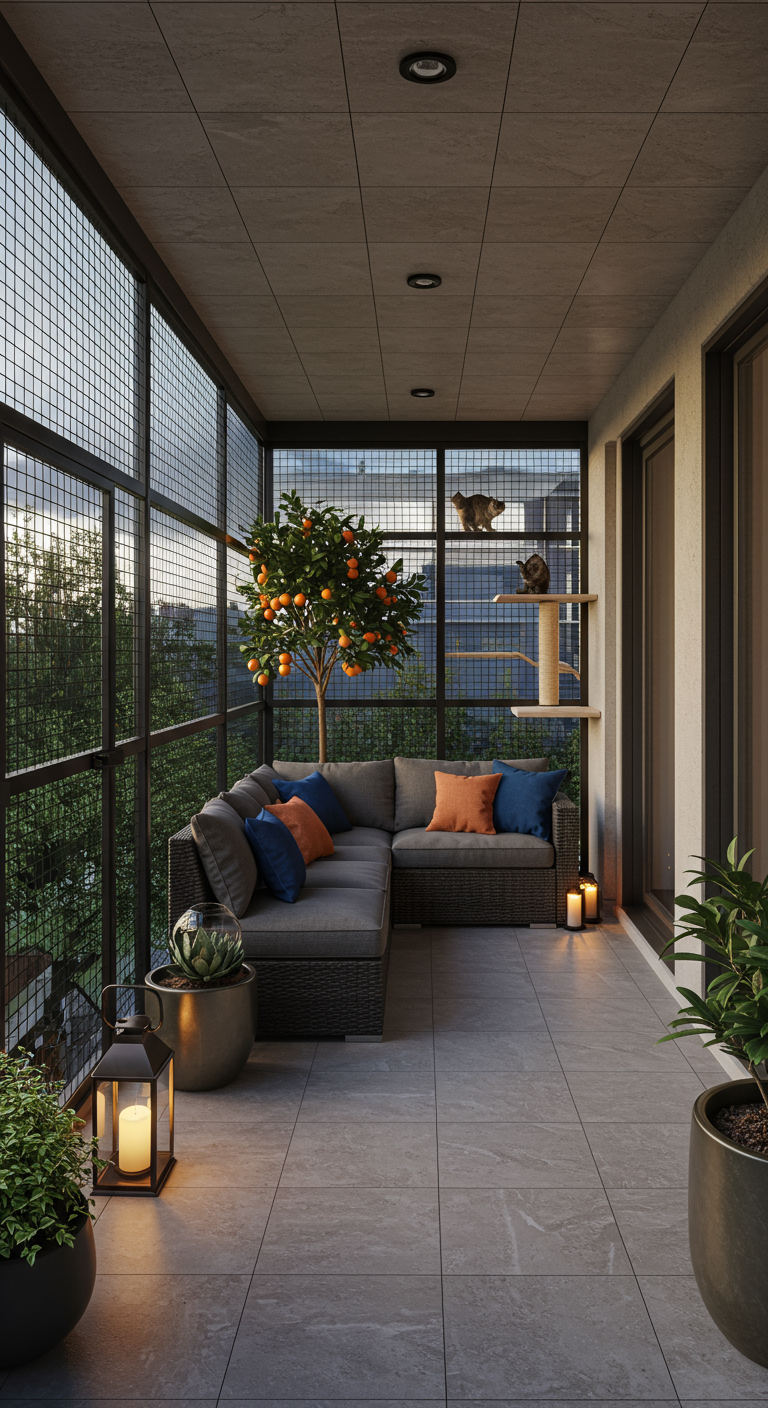 Gemütlicher Abend-Catio mit Ecksofa, Laternen, Orangenbaum und Kratzbaum