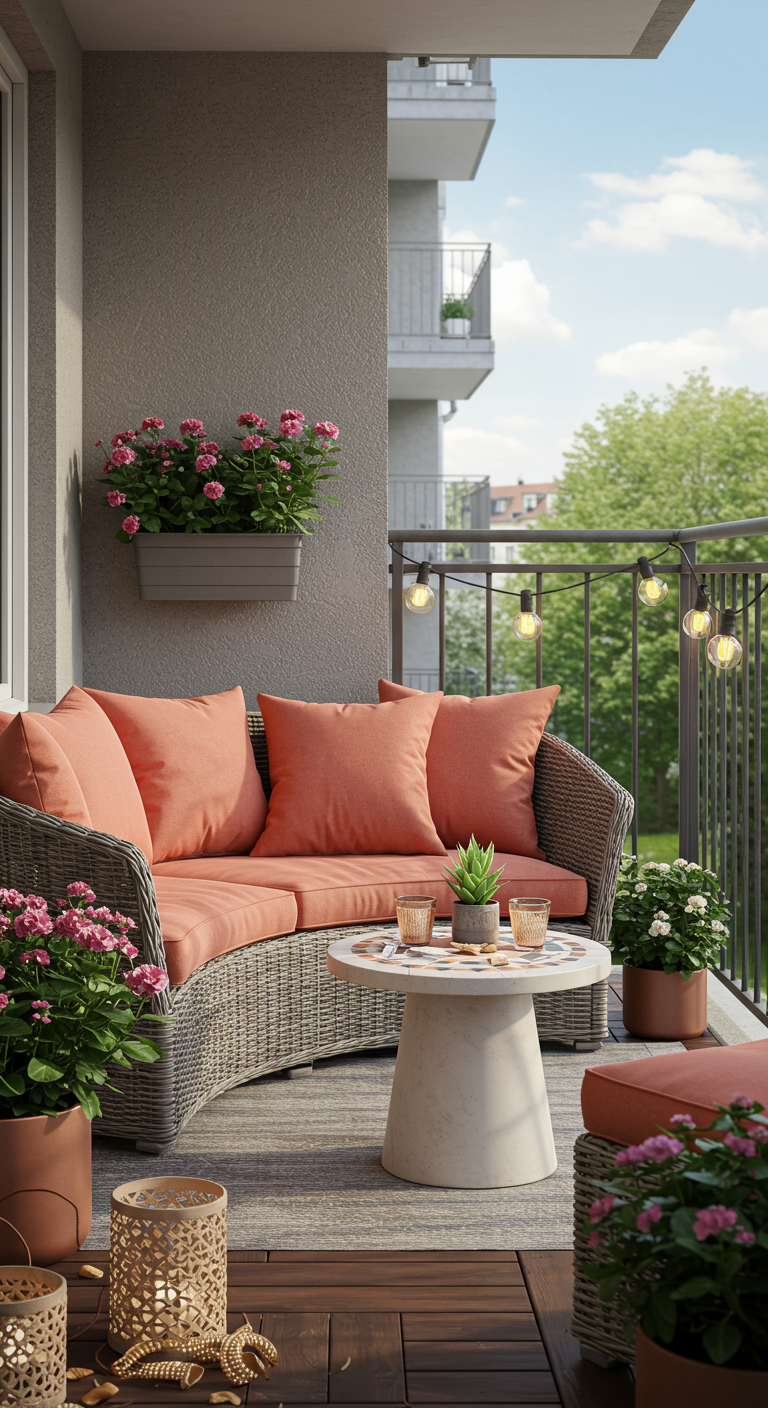 Balkon mit geschwungenem Korbmöbel-Sofa und Lichterketten.
