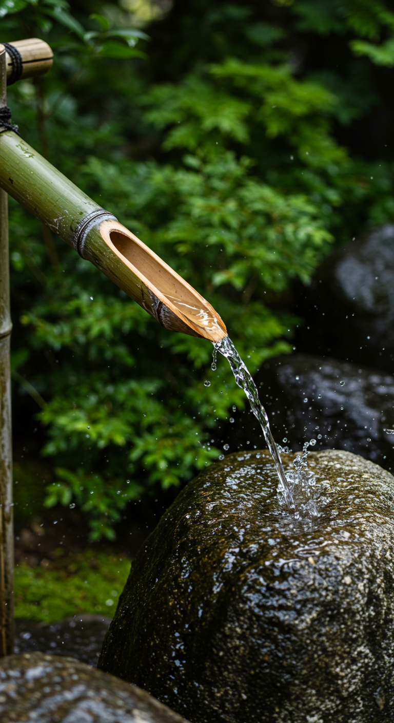 Nahaufnahme eines Shishi-odoshi: Bambusrohr kippt Wasser auf einen Stein.