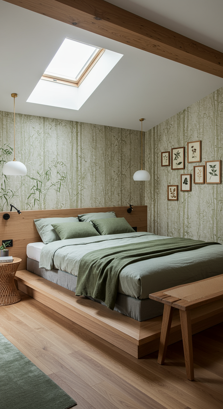 Japandi-Schlafzimmer mit Bambus-Tapete, Podestbett und grüner Bettwäsche.