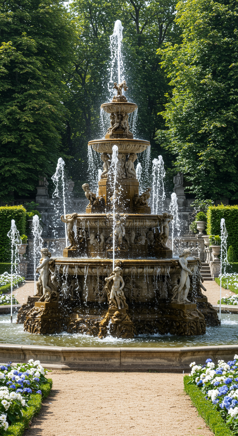 Großer, opulenter barocker Springbrunnen mit vielen Skulpturen und Fontänen.