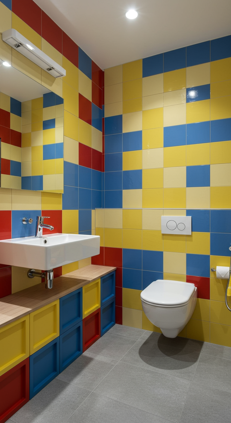 Kinderbad mit bunten Fliesen, die wie Bauklötze in Rot, Gelb und Blau angeordnet sind.