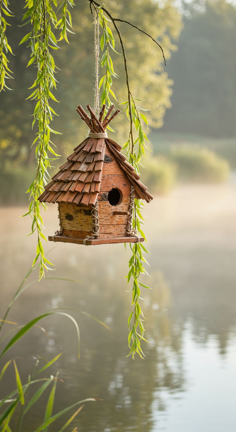 Birkenrinden-Vogelhaus hängt an einem Weidenbaum über einem nebligen See.
