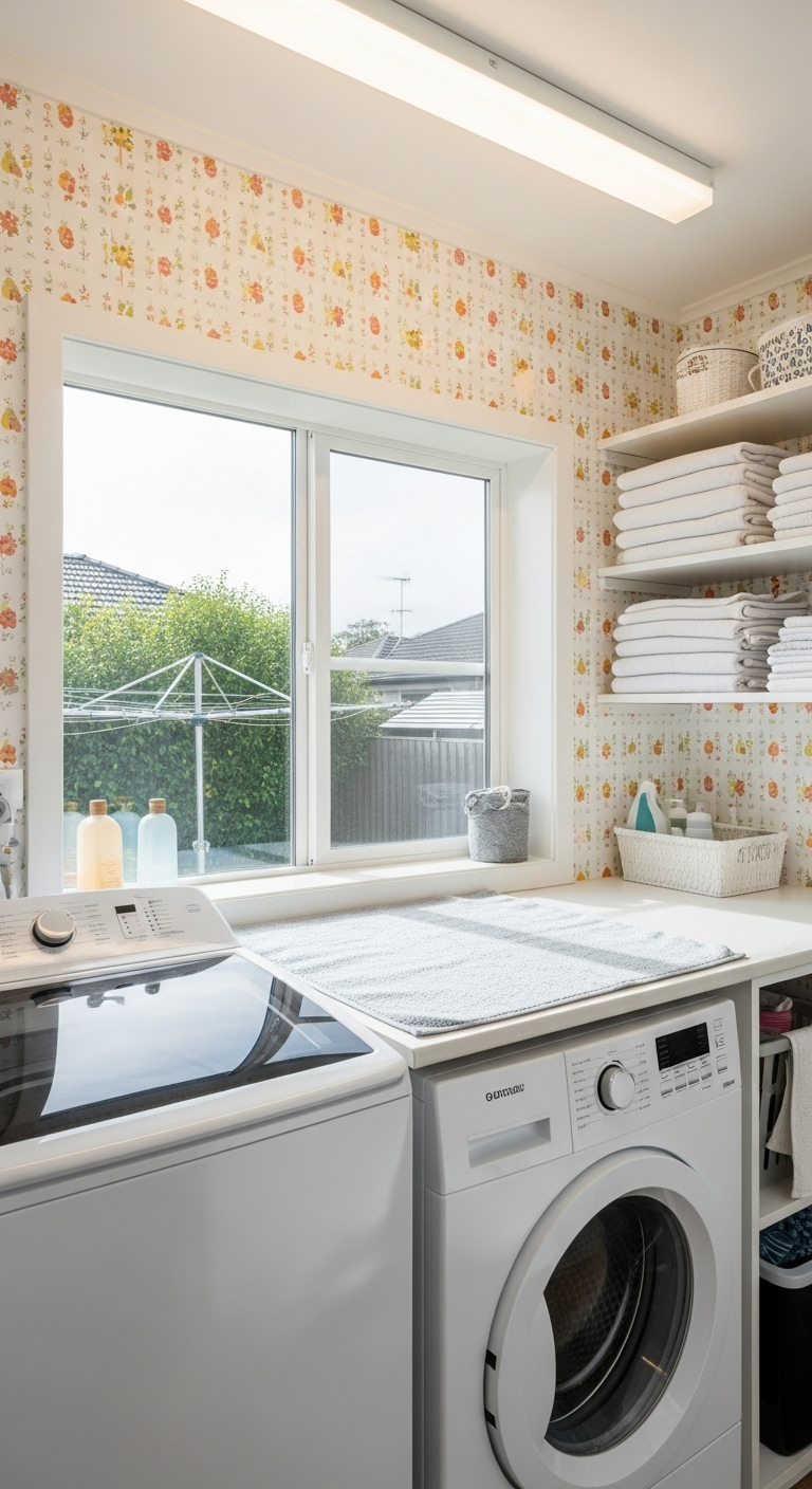 Fensterbank in einer Waschküche mit Blümchentapete und Blick nach draußen.