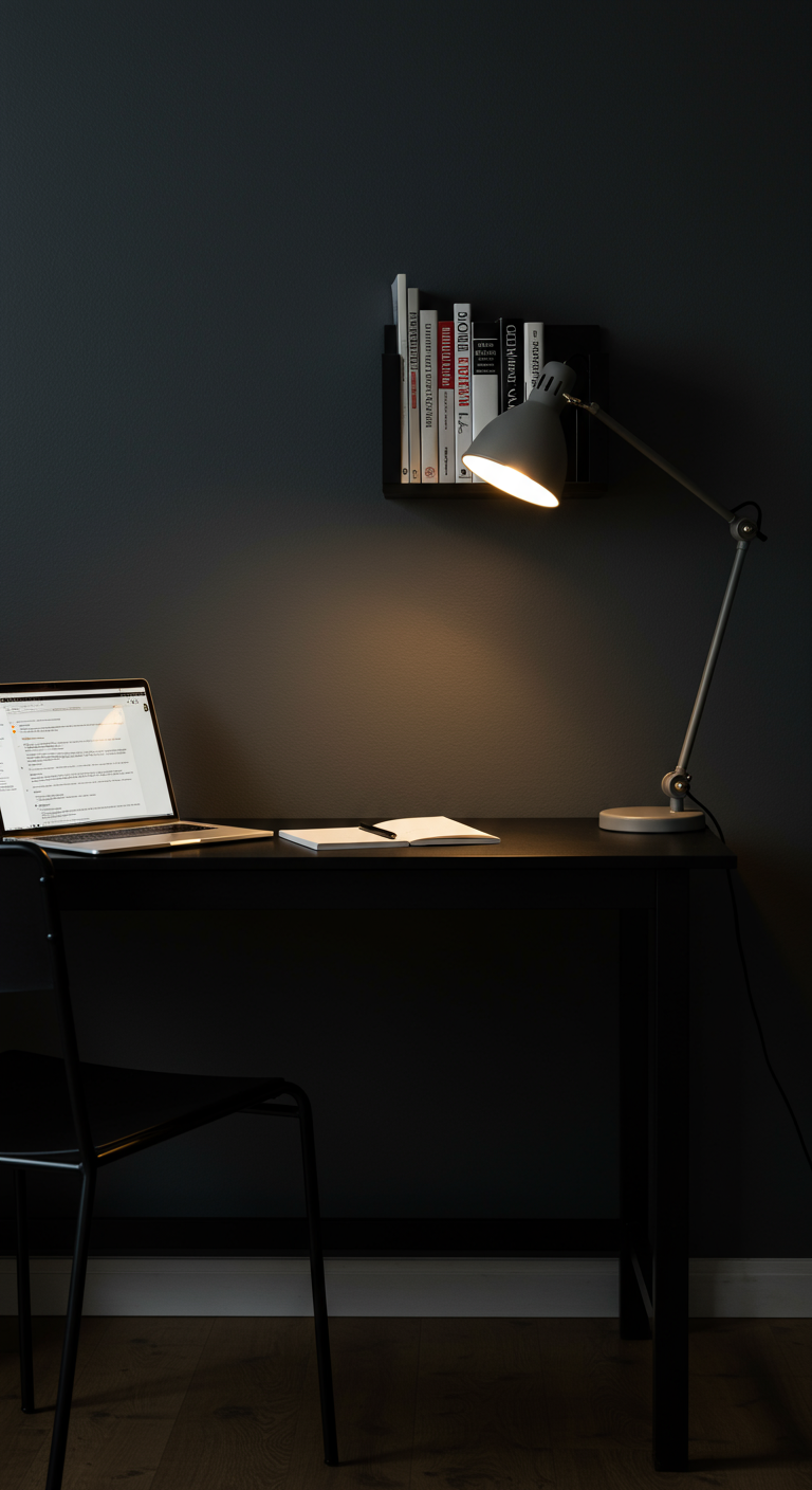 Schwarzer Schreibtisch mit Laptop und Lampe vor dunkler Wand mit kleinem Regal.